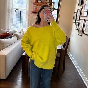 Free People Bright Neon Yellow Off-the-Shoulder Sweater